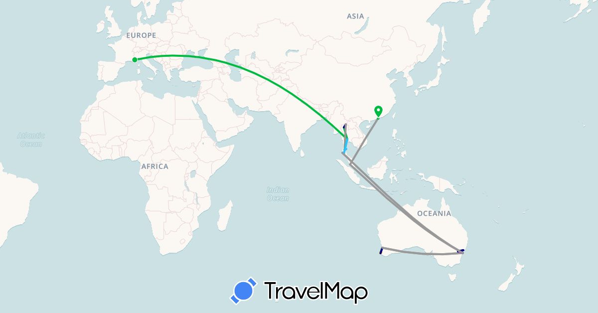 TravelMap itinerary: driving, bus, plane, train, boat, hitchhiking in Australia, France, Hong Kong, Malaysia, Thailand (Asia, Europe, Oceania)